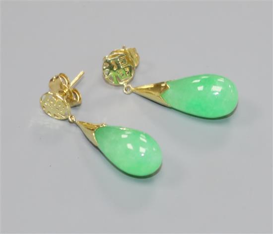 A pair of yellow metal and jade drop earrings